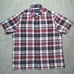 Tommy Bahama Men's Large Red White Blue Plaid Short Sleeve Button Down 100% Silk